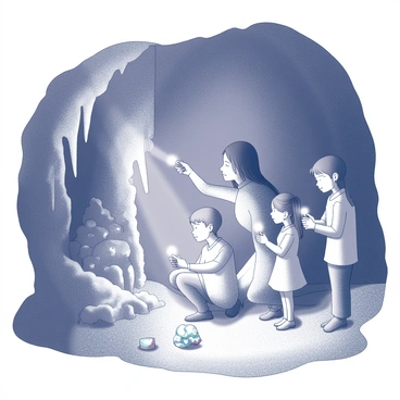 A family of four is inside a cavern, each member holding a flashlight that illuminates their surroundings. The father points his light toward a large, intricate rock formation that rises from the ground, showcasing stalactites and stalagmites. The mother kneels down, inspecting a cluster of glowing minerals embedded in the cave walls, their unique shapes reflecting the beams of light. The two children, a boy and a girl, stand nearby, their faces filled with curiosity as they observe the natural wonders around them. The texture of the cave walls is rough and uneven, creating a distinct atmosphere of exploration and discovery.