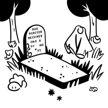 An isolated grave surrounded by overgrown grass and wildflowers. The gravestone has faded inscriptions and is noticeably chipped and worn. Moss is creeping up the sides of the gravestone, adding to the sense of neglect. Shadows cast from nearby trees fall across the grave, creating a somber atmosphere. A few scattered autumn leaves are lying on the ground around the grave.