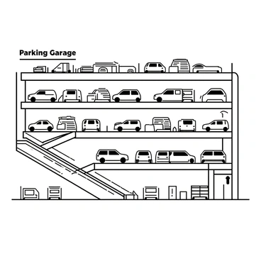 A multilevel parking garage with multiple ramps connecting the levels. Each level is lined with rows of parked cars in various sizes, including sedans, SUVs, and compact cars. The cars are parked in designated spots, and some cars are facing forward while others are backed in. The structure features concrete pillars and a ceiling with industrial lighting. The scene shows a few empty parking spaces and a staircase leading to the upper levels. "Parking Garage" is prominently displayed on a sign at the entrance.