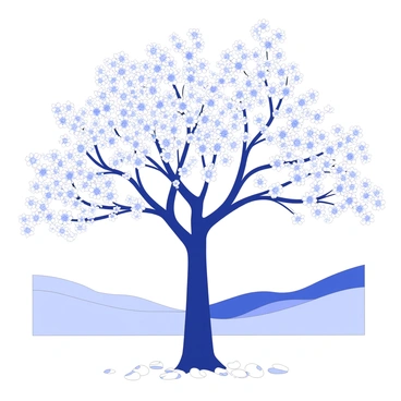 A cluster of cherry blossom trees stands tall, their branches full of delicate blossoms. The flowers are in full bloom, creating a dense canopy of petals. Some petals gently fall to the ground, creating a soft carpet beneath the trees. In the background, a serene landscape can be seen, including gently rolling hills and a clear sky. Sunlight filters through the branches, casting intricate shadows on the ground. The scene is peaceful and inviting, showcasing the beauty of nature in springtime.