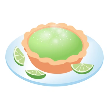 A mini lime tart sits on a delicate white plate. The tart has a buttery crust that is lightly golden brown. The filling is a vibrant green lime custard, glossy and smooth. A light dusting of powdered sugar is sprinkled over the top, creating a contrast against the bright tart. Surrounding the tart are small lime slices arranged decoratively. The background is a soft gradient of pastel colors, adding to the overall presentation.