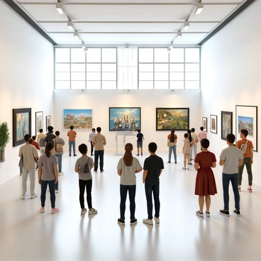 A spacious art gallery featuring high ceilings and large windows that allow natural light to illuminate the room. Various artworks are displayed on the white walls, including colorful paintings, intricate sculptures, and mixed media pieces. Groups of people with diverse appearances and styles are scattered throughout the gallery, some standing in front of specific pieces, while others are engaged in conversation. A couple is taking notes, focused on a large abstract painting, while a woman in a red dress gazes thoughtfully at a sculpture. The atmosphere is lively and filled with appreciation for the art.