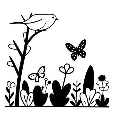 A curious finch perched on a branch, with its head tilted to the side. Below, a butterfly flutters gracefully among various plants in a garden. The garden is filled with different types of flowers and greenery, creating a lively atmosphere. The butterfly has its wings spread wide, showcasing intricate patterns as it moves from flower to flower. The finch observes the butterfly intently, surrounded by the vibrant details of the garden.