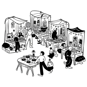 A bustling marketplace filled with a variety of strange artifacts displayed on wooden tables. Each table is adorned with intricate decorations and unique items, such as glowing crystals, ancient scrolls, and peculiar trinkets. Stalls are constructed from various materials, featuring vibrant canopies that add an impressive visual texture. Fantastical creatures, such as a tall, slender figure with elongated limbs and a small, stout being with large hands, are tending to the stalls, showcasing their goods to curious customers. The pathway through the market is lively, with numerous shoppers examining the fascinating items available for sale. The overall atmosphere is filled with a sense of wonder and intrigue.