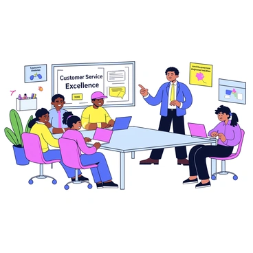 A group of five new customer service recruits is seated at a long rectangular table in a brightly lit conference room. Each recruit has a laptop open in front of them, and they are taking notes on notepads. The room features a whiteboard at the front with colorful markers scattered nearby. A trainer stands at the front, pointing towards a presentation on a screen that shows the title "Customer Service Excellence." The walls are decorated with motivational posters about teamwork and communication. There are plants in the corners of the room, adding some greenery to the professional environment.