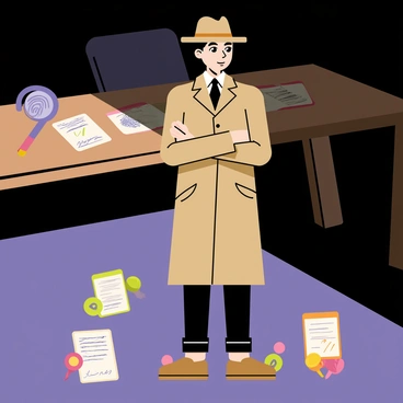 A detective with a puzzled expression is wearing a classic brown trench coat and a fedora hat. The detective has short dark hair and is standing with arms crossed. Around the detective, there are various pieces of clearly marked evidence including a fingerprint card, a magnifying glass, and a notebook with scribbled notes. A few evidence markers in bright colors are positioned on the ground, indicating the locations of specific clues. The background features a dimly lit room, with a wooden table where additional evidence is spread out, enhancing the scene of investigation.