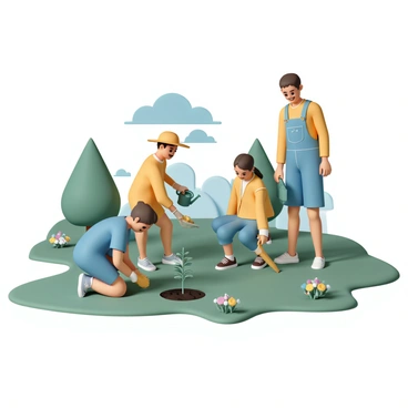 Several people are planting small trees in a park, surrounded by green grass and colorful flower patches. One person, wearing a blue t-shirt and gardening gloves, is kneeling and placing a young sapling into a hole in the ground. Another person, dressed in a yellow jacket and a sun hat, is watering a newly planted tree with a watering can. A third individual, wearing denim overalls, is holding a shovel and smiling as they prepare another planting spot. In the background, there are other trees and a clear blue sky, creating a vibrant atmosphere for the Earth Day celebration.