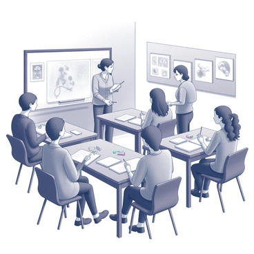 A group of adults is gathered in a museum classroom, actively participating in an illustration workshop. They are seated at wooden tables with drawing materials in front of them, including sketchbooks, pencils, and erasers. A professional artist stands at the front of the room, demonstrating various techniques on a large drawing pad. The walls of the classroom are adorned with framed artworks, providing inspiration for the participants. Some individuals are focused intently on their work, while others are looking up to observe the artist's demonstration. The atmosphere is filled with creativity and engagement as participants share ideas and feedback with one another.