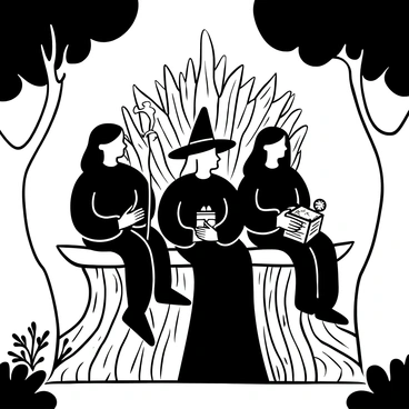 A group of three witches seated on a throne made of twisted branches and bones. The throne is ornate, with intricate designs formed by the intertwining branches. Each witch is wearing a long, flowing robe that drapes elegantly over the edges of the throne. One witch holds a staff topped with a glowing orb, while another has an open spellbook on her lap, its pages fluttering in an unseen breeze. The third witch is arranging an assortment of herbs and crystals on the armrest of the throne. Shadows cast by the surrounding trees create a dark and mysterious atmosphere.