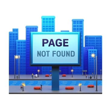 A giant city billboard displaying a 'Page Not Found' announcement