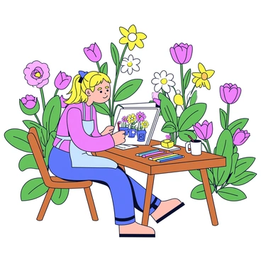 An illustrator sits at a small wooden table in a blooming garden. The table is covered with art supplies including colored pencils and a sketchbook. The sketchbook is open, showcasing a detailed drawing of vibrant flowers and green foliage. The illustrator has long hair tied back, and she wears a light blue apron. Sunlight filters through the leaves, casting gentle shadows on the table. In the background, there are various flowers in full bloom, including roses, daisies, and tulips, adding splashes of color to the scene.
