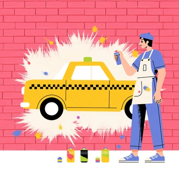 A street artist wearing a blue beret and a paint-splattered apron is standing in front of a textured red brick wall. The artist is holding a spray can in one hand and is in the midst of painting a vibrant yellow cab that is captured in mid-motion. The mural features the cab’s distinctive checkerboard pattern along the side and bright headlights. Colorful paint drips from the wall, creating a lively atmosphere. Nearby, a small crowd of onlookers can be seen admiring the work, and a few paint cans are scattered on the ground.