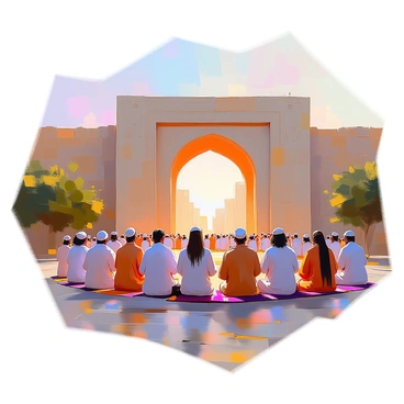A group of people is forming a circle in prayer at the city gates of Nineveh. The individuals are of diverse backgrounds, wearing traditional attire reflecting their culture. Their faces display expressions of solemnity and focus. The city gates, large and imposing, are made of weathered stone, adorned with intricate carvings. Surrounding the gates, lush greenery adds to the scene. Above, the sky is painted with soft hues of dusk, casting a warm glow over the gathering. The atmosphere conveys a sense of unity and devotion among the participants.