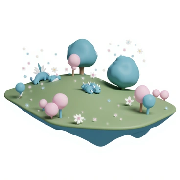 A floating island, featuring lush green grass and vibrant, colorful trees. "Glowing flowers" in various shades of pink and blue are scattered across the island, illuminating the scene. Numerous "fairies," with delicate, translucent wings, are dancing gracefully around the flowers. In the background, "friendly dragons" with shimmering scales and gentle expressions are resting peacefully, some lying on the grass while others are perched on the edges of the island, gazing curiously at the fairies. The sky above is a bright blue, adding to the enchanting atmosphere.