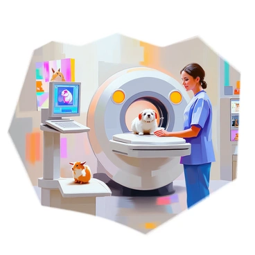 A veterinary clinic setting featuring a modern, pet-friendly CT machine. A small animal, such as a small dog or a cat, is comfortably positioned inside the CT machine. The veterinary technician, wearing scrubs and a friendly face, is monitoring the scanning process on a nearby computer screen. The room is well-lit and includes colorful decorations, such as pet-themed artwork on the walls. A few other small animals, like a rabbit and a guinea pig, can be seen in their cages in the background, creating a lively atmosphere.