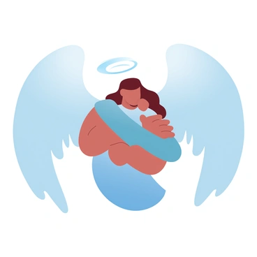 An angel with large, flowing wings is embracing a weary traveler. The angel's wings are spread wide, creating a protective aura around the traveler. The traveler is wearing a rugged cloak and appears tired, leaning slightly against the angel for support. A soft glow surrounds both figures, creating a warm and serene atmosphere. Gentle light radiates from the angel, illuminating the surrounding area.