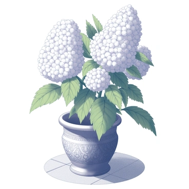 A hydrangea plant with large, round flower clusters and lush green leaves, is situated in a decorative pot. The pot has intricate designs and stands on a well-maintained patio. The surface of the patio features textured tiles, and there are soft shadows cast by the plant. The environment is bright and inviting, suggesting a sunny day with the patio surroundings adding to the overall composition.