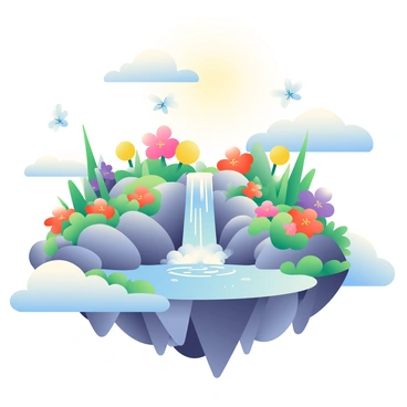 A magical floating island is suspended in the sky, surrounded by fluffy white clouds. The island is covered in lush gardens filled with vibrant flowers in various colors, including red, yellow, and purple. In the center of the island, a small waterfall cascades down smooth rocks, creating a gentle stream that flows into a crystal-clear pond. Surrounding the pond are green plants and shimmering butterflies fluttering above. The sunlight filters through the clouds, casting a warm glow over this enchanting scene.