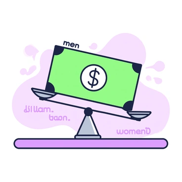 A dollar bill is placed on a balance scale, with one end labeled "men" tipping lower than the end labeled "women." The scale is positioned on a flat surface, and the dollar bill features distinct markings and details. Underneath the bill, the scale has a metallic finish. In the background, soft shadows create a subtle contrast to the main focus on the scale and the dollar bill. The labels "men" and "women" are prominently displayed at each end of the bill, clearly defined and easy to read.