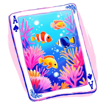 An underwater-themed playing card is designed with a vibrant scene. The background showcases various types of "coral reefs" in shades of pink, orange, and purple. Brightly colored "fish" of different species swim around, including a "clownfish" with orange and white stripes, a "blue tang" fish, and a "yellow butterfly fish." Bubbles rise from the fish as they navigate through the coral, creating a lively atmosphere. The edges of the card are adorned with small "seaweed" and "starfish" accents, enhancing the overall aquatic theme.