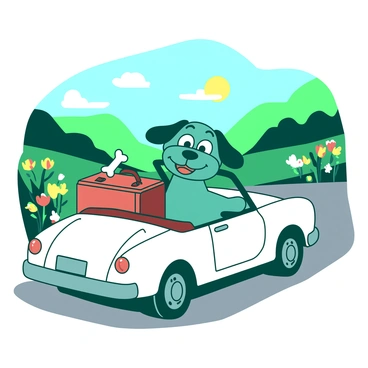 A cartoon dog driving a convertible car on a scenic road trip