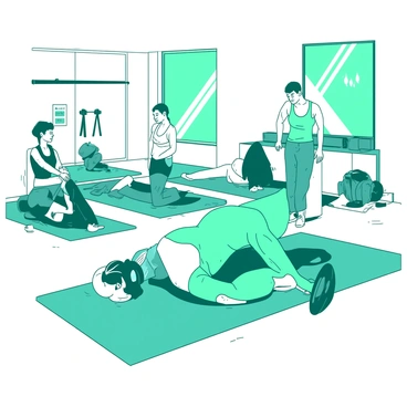 A teal personal trainer is demonstrating bicycle crunches in a well-lit fitness studio. The trainer is wearing a fitted white athletic outfit and is positioned on a mat, showcasing the exercise. Surrounding the trainer is a small group of clients, each in various colorful workout attire. Some clients are on their mats attempting the exercise, while others are watching and taking notes. The floor is covered with bright exercise mats, and there are fitness equipment items like dumbbells and resistance bands placed in the background. The atmosphere is energetic and focused.