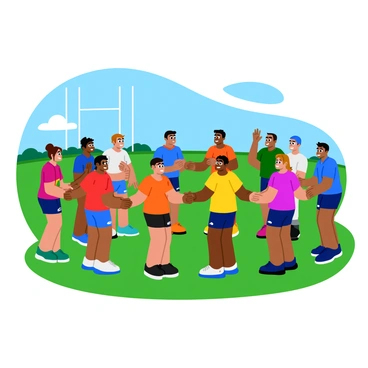 A diverse team of rugby players, wearing vibrant jerseys in various colors, stands in a huddle on a grassy field. The players are joining hands, forming a circle of unity, with determined expressions on their faces. Each player has a different hairstyle and physique, showcasing the uniqueness of the team. The background features a clear blue sky and goal posts in the distance. The players' cleats sink slightly into the grass, emphasizing their strong stance as they prepare for the game.