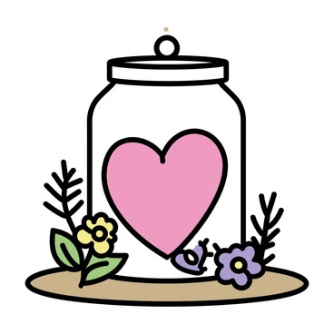 A "red heart" preserved in a "glass jar" with a tightly sealed lid. The jar sits on a wooden table and is encircled by an arrangement of "green herbs" such as basil and rosemary, and vibrant "flowers" like lavender and daisies. The herbs and flowers are arranged artistically around the base of the jar, creating a natural setting. Soft light filters through the jar, casting delicate shadows on the surface of the table.