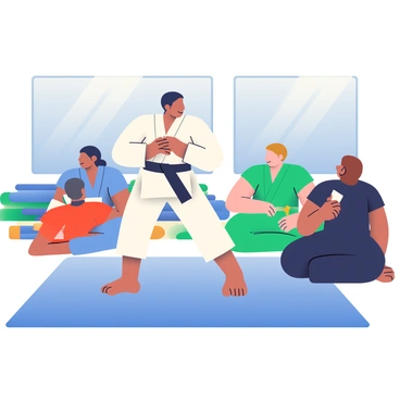 An instructor with short black hair is demonstrating a jiu-jitsu technique to a group of students on a blue mat. The instructor is wearing a white gi with a black belt, and is in a mid-action pose, showcasing a grapple. Around the instructor, there are four students wearing different colored gis: a blue gi, a red gi, a green gi, and a black gi. The students are attentively watching and taking notes on their white belts. In the background, there are mirrors reflecting the training space, and various jiu-jitsu mats stacked against the wall.