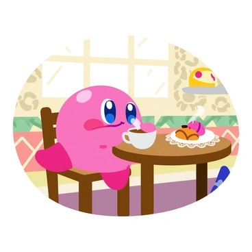 A round, pink character with big blue eyes, resembling Kirby, is sitting at a small wooden table in a quaint, vintage-style café. Kirby holds a delicate porcelain teacup with both hands, bringing it to his mouth as he enjoys a sip of tea. The café features a charming atmosphere, with patterned wallpaper and small round tables adorned with lace doilies. Soft, warm light filters through the large windows, casting gentle shadows. An assortment of pastries sits on a nearby table, adding to the cozy ambiance of the café.