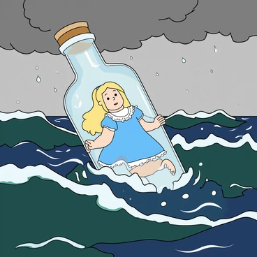 Alice is a small girl with light skin and long blonde hair, wearing a blue dress with white frills. She is floating inside a large, clear glass bottle that has a cork stopper at the top. The bottle is bobbing on choppy waves of a stormy sea, with dark blue and green water splashing around. Raindrops are seen hitting the surface of the sea, creating small ripples. Alice has a curious expression on her face as she gazes out through the glass, and her calm demeanor contrasts with the chaotic surroundings. The sky is overcast, with dark clouds swirling above, adding to the dramatic atmosphere of the scene. The bottle reflects the light from the sky, shimmering against the turbulent water.