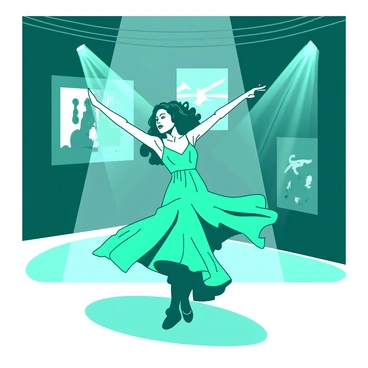 A performer dressed in a flowing teal costume is dancing gracefully in the center of an art space. Bright spotlights illuminate the performer, creating dynamic shadows on the floor. The space is filled with abstract artwork on the walls, enhancing the atmosphere. The dancer's arms are extended elegantly, and their face displays a deep expression of emotion. The spotlight casts a soft glow around the performer, highlighting the movements and fluidity of the fabric.
