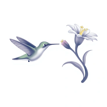 A hummingbird is hovering near a flower. The bird's wings are in motion, creating a rapid blur due to their speed. The flower features vibrant petals and a tubular shape, attracting the hummingbird. The scene captures the delicate details of the bird's feathers and the intricate structure of the flower. The hummingbird is oriented toward the flower, ready to feed.