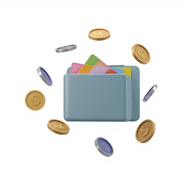 A digital wallet rendered in 3D, featuring a sleek design with a smooth surface that emits a soft blue glow. The wallet is slightly open, revealing a few colorful digital cards inside. Surrounding the wallet are numerous floating coins, each displaying intricate designs and vivid colors, reflecting light as they hover in the air. The coins vary in size and shape, creating a dynamic sense of movement around the wallet.
