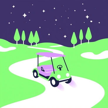A golf cart is driving along a winding path on a golf course. The cart has its headlights illuminated, casting light onto the grass ahead. Surrounding the cart, there are neatly trimmed lawns and strategically placed sand traps. In the background, a row of tall trees line the edges of the course. Above, a starry sky is visible, filled with numerous bright stars scattered across the dark expanse. The scene captures the serene atmosphere of an evening round of golf.
