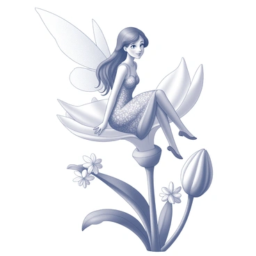 A whimsical fairy with delicate wings is perched gracefully on a mayflower blossom. The fairy has an intricate, flowing gown that blends seamlessly with the petals of the flower. She has long, flowing hair that cascades around her shoulders and a gentle expression on her face. The mayflower blossom is detailed, showcasing its soft curves and multiple layers of petals. The surrounding environment features additional blossoms and foliage, creating a rich tapestry of nature. The fairy's tiny feet rest lightly on the petals, highlighting her ethereal presence amidst the vibrant flora.