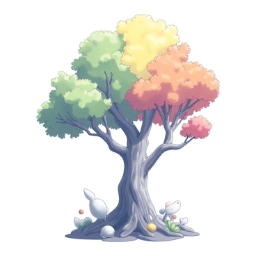 A single tree representing all four seasons, standing tall in the middle of a fantasy forest.
