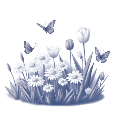 A garden filled with various types of blooming flowers, including daisies and tulips, is depicted. Butterflies are in motion, with their wings spread wide as they flutter around the flowers. The butterflies display distinct patterns on their wings. Sunlight streams through, illuminating the flowers and casting soft shadows on the ground.