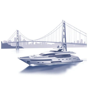 A sleek motor yacht gliding smoothly through the water. The yacht has a streamlined design with multiple decks and large windows. Above, a large suspension bridge arches gracefully across the scene. Its towers reach high into the sky, connected by cables that span the distance. The water reflects the structure of the bridge and the yacht, creating a dynamic visual. The background includes hints of a city skyline, with buildings of various heights visible near the bridge.