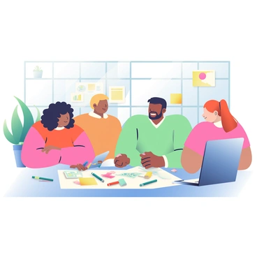 A group of five people is gathered around a large table in a bright, modern office space, collaborating on a new campaign. The individuals include a woman with curly black hair, a man with short blonde hair, an Asian woman with straight brown hair, a Hispanic man with a beard, and a woman with red hair in a ponytail. They are examining a large piece of white paper that has colorful sketches and notes scattered across it. On the table, there are various art supplies, including markers, colored pencils, and sticky notes in different colors. A laptop is open to the side, displaying a digital design program. Large windows let in natural light, and potted plants are positioned in the background.