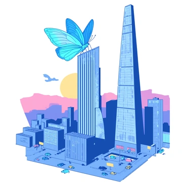A blue giant papillon butterfly with intricate patterns on its wings is gently landing on the edge of a tall, gray city skyscraper. The butterfly's wings are spread wide, displaying a beautiful contrast against the stark architecture of the building. Below, the cityscape is filled with smaller buildings, bustling streets, and tiny cars, creating a dynamic urban environment. The sun is setting in the background, casting a warm glow across the scene.