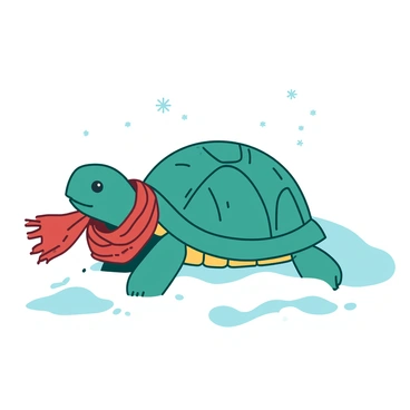 A turtle wearing a tiny knitted scarf trudging through a snowy terrain