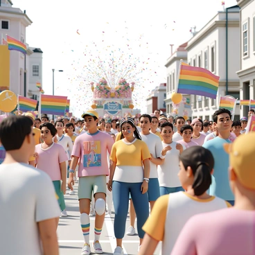A lively parade taking place during a pride rally. The scene is filled with colorful decorations, including bright banners and flags in various shades of the rainbow. People are marching proudly, wearing festive clothing that reflects a spectrum of colors. Some participants are holding oversized rainbow flags, while others are adorned with colorful face paint and accessories. The atmosphere is energetic, with confetti being thrown in the air, creating a celebratory ambiance. In the background, there are floats decorated with flowers and lights, adding to the overall vibrancy of the event.