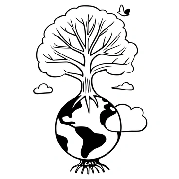 A large tree with thick, gnarled branches and a broad trunk is growing from the top of a spherical Earth globe. The globe is detailed, showing continents and ocean patterns. The roots of the tree extend downwards, intertwining with the surface of the globe. Surrounding the tree and globe, there are small clouds and birds flying in the air, creating a dynamic composition. "Earth" is engraved at the base of the globe.