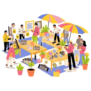 A bustling flea market scene filled with a variety of antiques displayed on wooden tables and blankets. Colorful price tags featuring whimsical designs hang from each antique, showcasing quirky prices. There are vintage cameras, ornate mirrors, and eclectic pieces of furniture scattered throughout. Shoppers of diverse backgrounds browse through the offerings, some examining items closely while others engage in lively conversations. Bright umbrellas provide shade over the market, adding splashes of color to the scene. Various plants and flowers in pots are also interspersed among the antiques, contributing to the vibrant atmosphere.