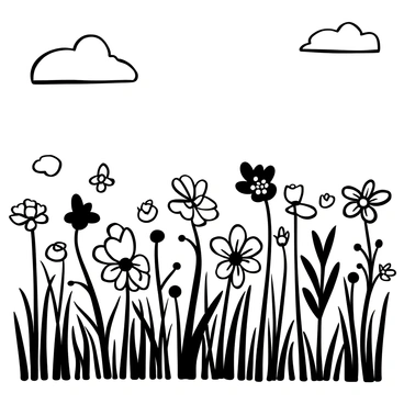 A wide field filled with an assortment of wildflowers, each flower type having unique shapes and sizes, standing tall amidst tall blades of grass. The flowers are arranged in clusters, creating a rich texture across the landscape. Delicate petals dance lightly as they are moved by a gentle spring breeze. The sky above is clear, with a few clouds scattered across the horizon.