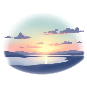 A landscape featuring a vast sky at sunset. The horizon displays a gradient of "emerald" and "orange" hues blending together. Silhouettes of distant hills are visible against the vibrant sky. The scene captures the transition of day into night, with clouds softly illuminated by the fading light. The foreground includes a calm body of water, reflecting the colorful sky above.