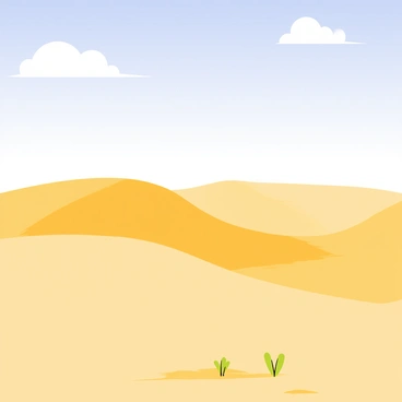A desert landscape featuring rolling sand dunes with smooth, undulating shapes. The sand is a warm golden color, reflecting the sunlight. The sky above is a bright blue with a few fluffy white clouds scattered across it. In the foreground, there are small patches of sparse vegetation, including a few green shrubs. The horizon stretches far into the distance, showcasing the expansive nature of the desert.
