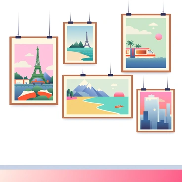 A collection of vintage travel posters displayed on a gallery wall
