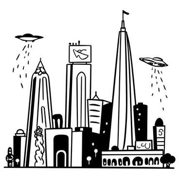 A futuristic cityscape featuring towering skyscrapers with sleek, metallic surfaces reaching high into the sky. The buildings are interconnected with elevated walkways and digital billboards displaying various advertisements. Flying vehicles, designed with aerodynamic shapes, zip through the air above the city, leaving trails behind them. The streets below are bustling with activity, showcasing pedestrians and futuristic transport pods. Various greenery elements, such as vertical gardens, are integrated into the architecture, adding a touch of nature to the urban environment.